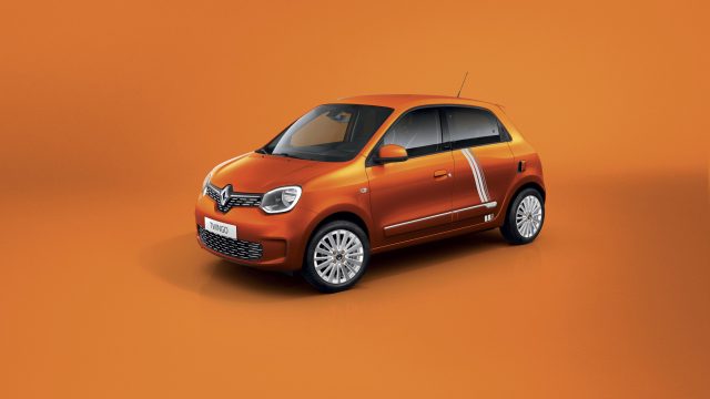 Oranje Renault TWINGO Electric driekwart voor